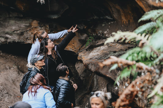 People on guided Aboriginal walking tour point at cultural detail in rock cave